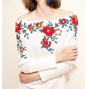 Umgee Madison White Waffle and Red Floral Off-the-Shoulder Top Size L
